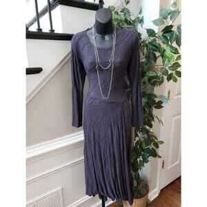 Comfy Fit & Flare Dress Lagenlook S Gray Striped Faux Wrap Long Sleeve Pullover